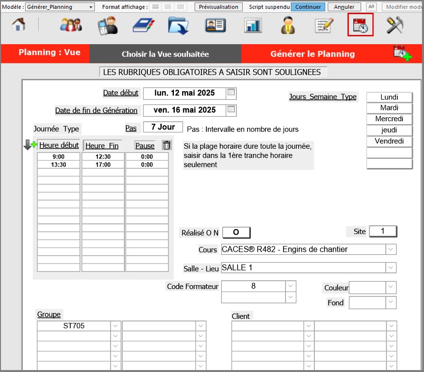 Catalogue Génération du planning en masse