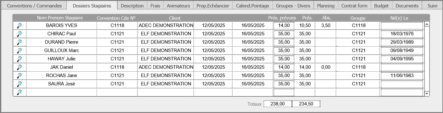 Catalogue onglet Dossiers Stagiaires