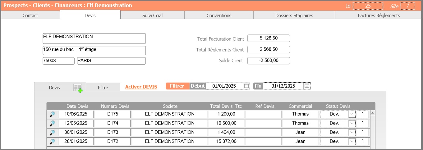 Fiche Contacts - onglet Devis
