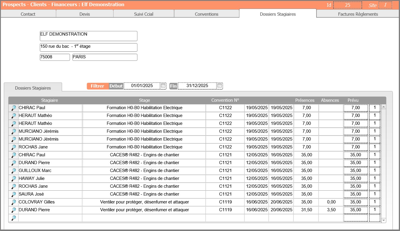Liste des dossiers stagiaires