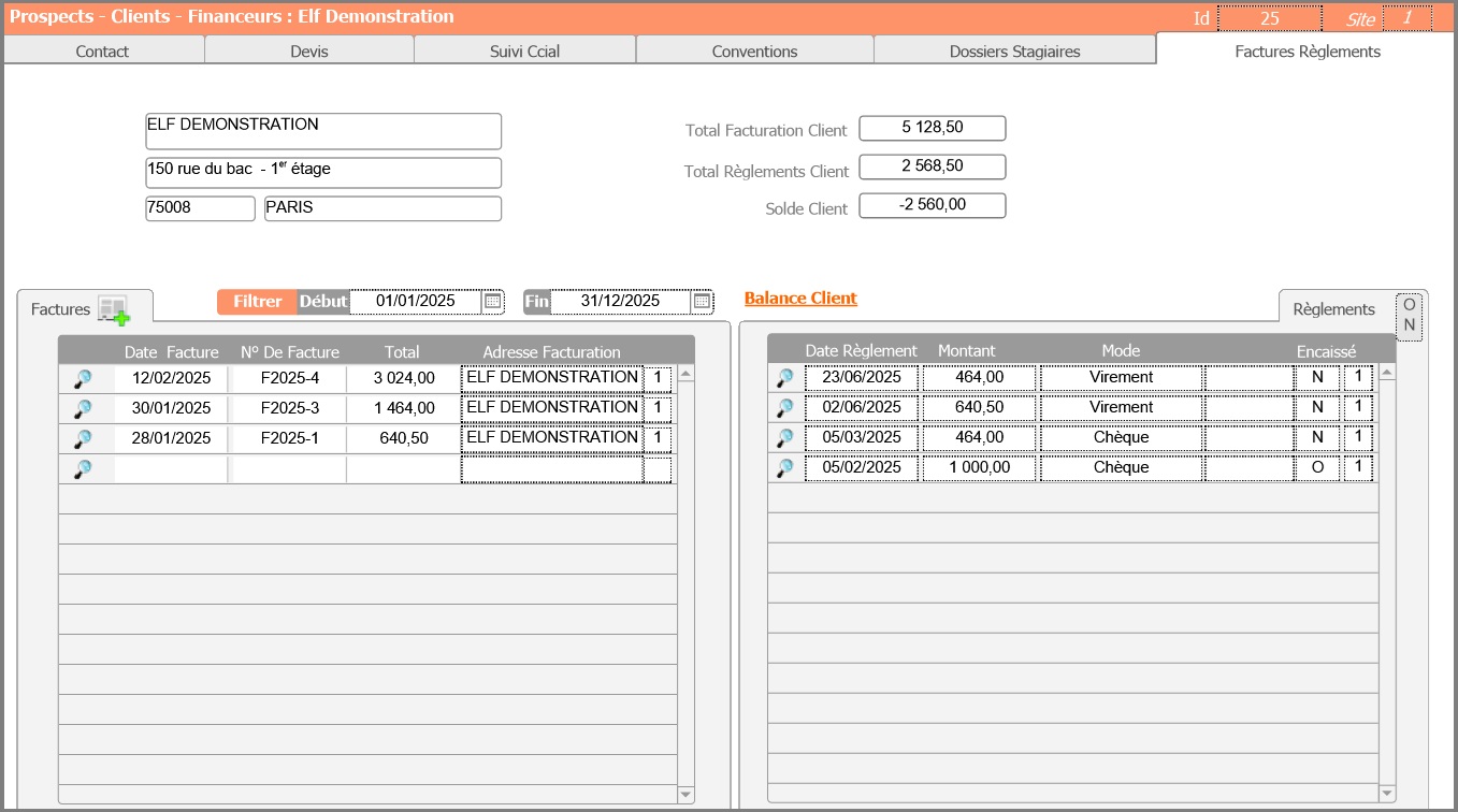Liste des Factures et des Règlements