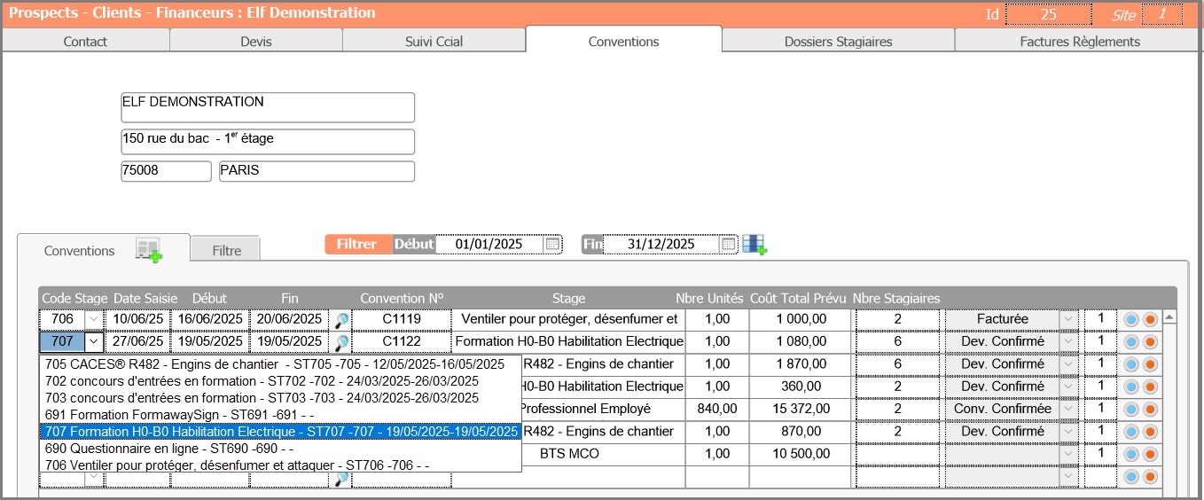 Fiche Contact - saisie des conventions