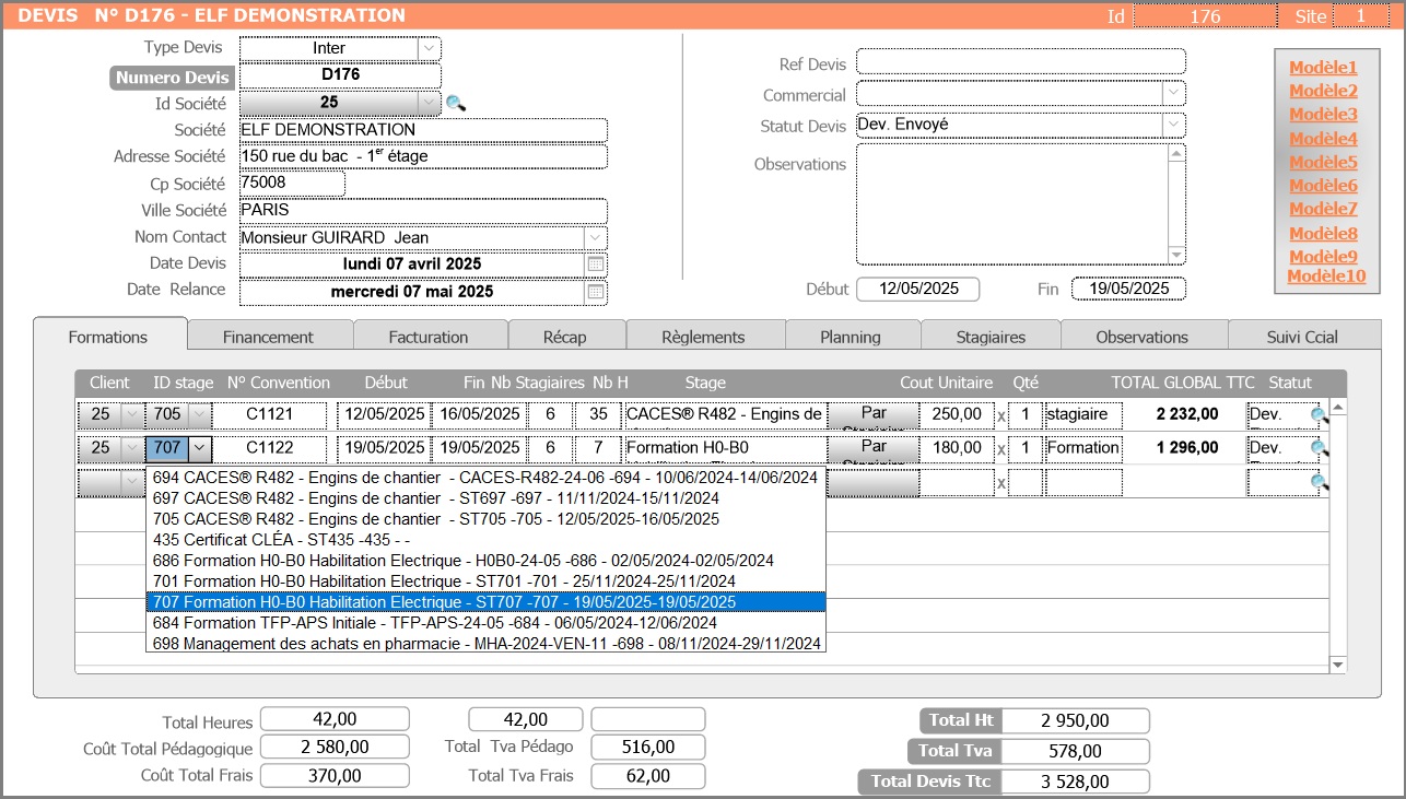 Saisie du devis de formation