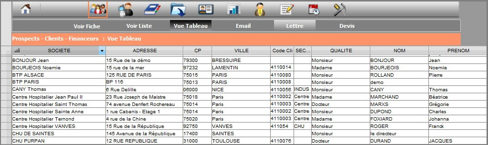Vue Tableau des contacts