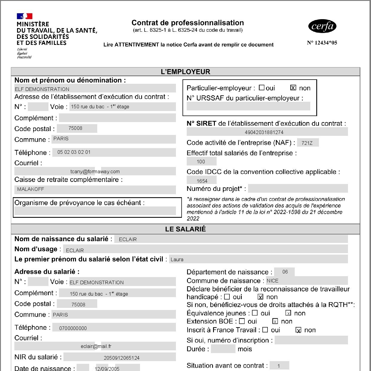le nouveau CERFA 12434*05 de contrat de professionnalisation peut être généré dans le logiciel de gestion de centre de formation