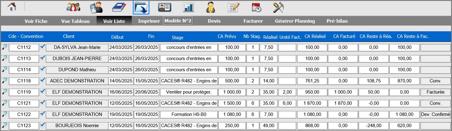 Vue des conventions sous forme de liste