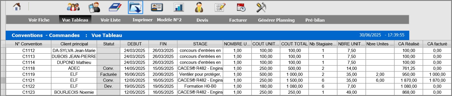 Vue des conventions sous forme de tableau