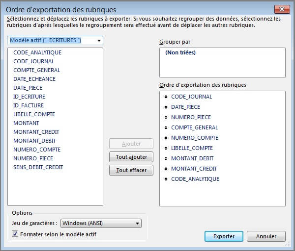 Paramètres - Export Ecriture Paramétrable