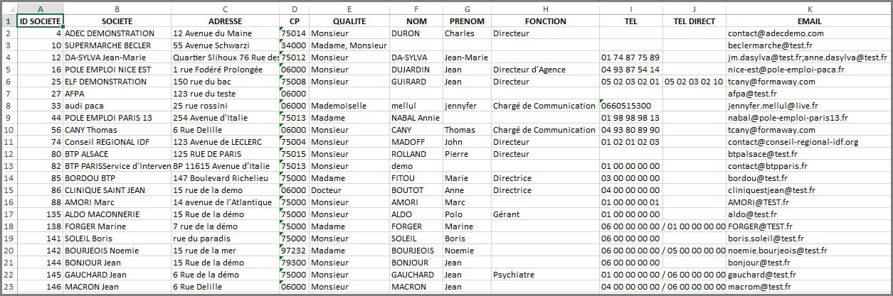 Paramètres - Export Excel