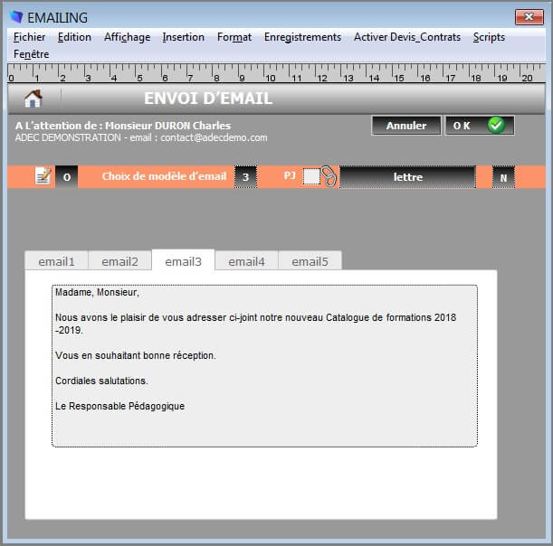 Paramètres - Message Email
