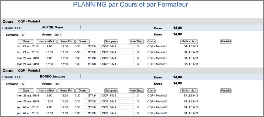 Planning - Etat Hebdo Cours Formateur