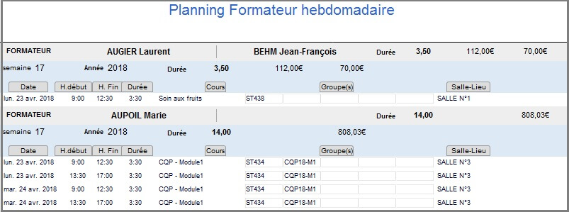Planning - Etat Hebdo Formateur