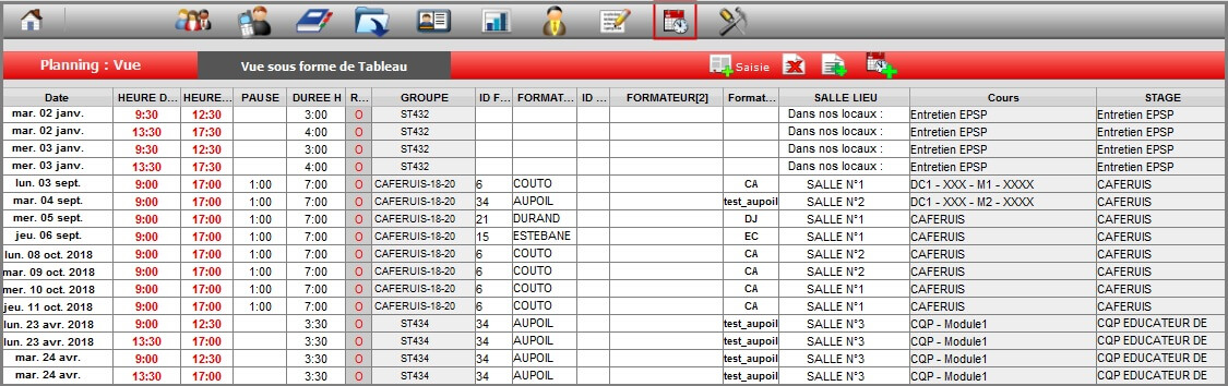Planning - Vue Tableau