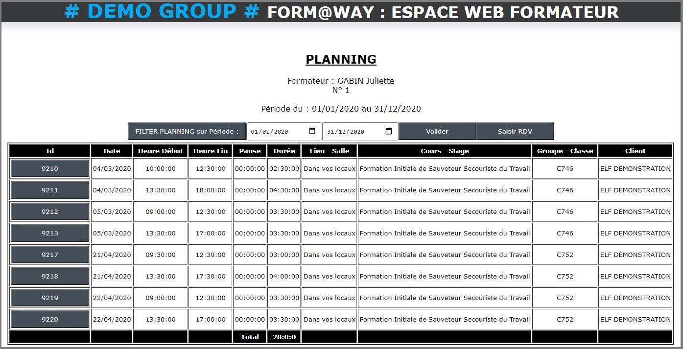 Portail Web Formateur - Planning