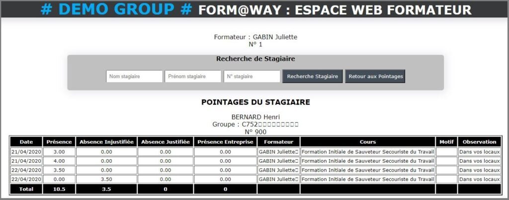 Portail Web Formateur - Pointage
