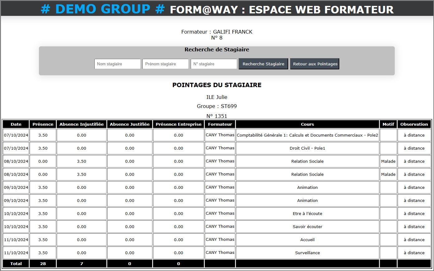 Portail Web Formateur - Pointage