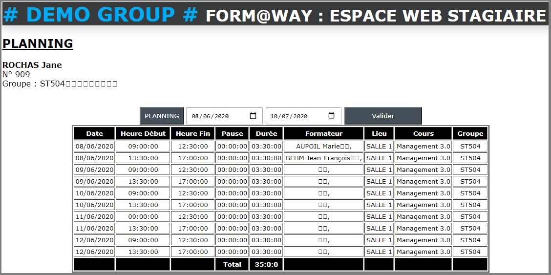Portail Web Stagiaire - Planning
