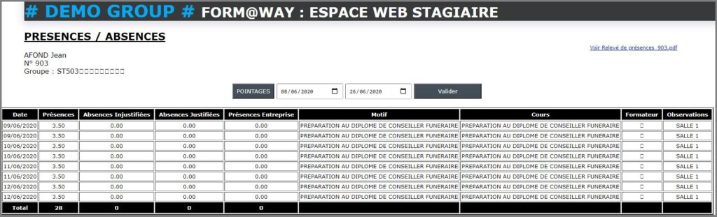 Portail Web Stagiaire - Pointage