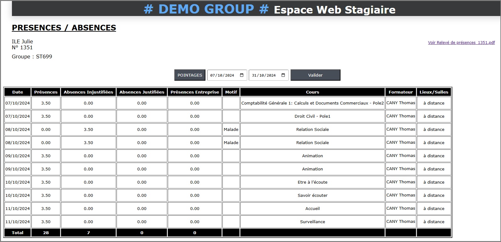 Portail Web Stagiaire - Pointage