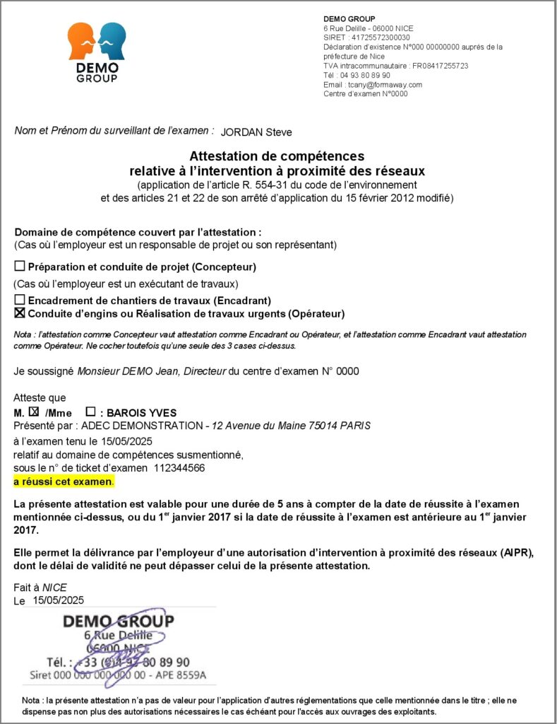 Stagiaire-Modele Attestation AIPR