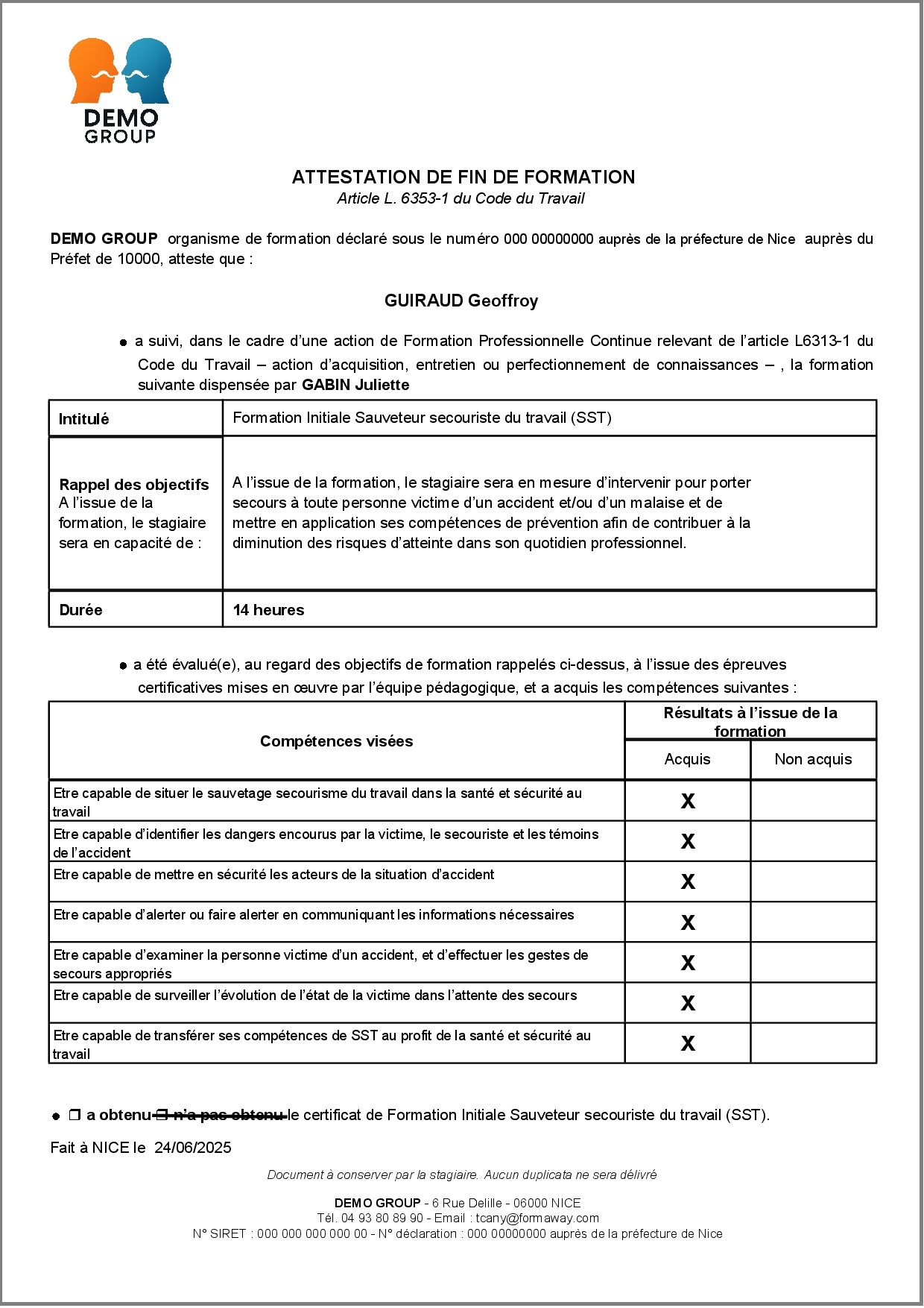 Stagiaire-Modele Attestation SST