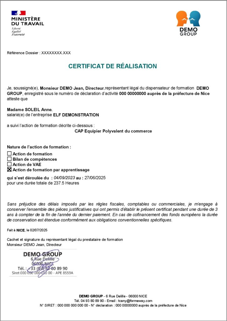 Certificat de réalisation