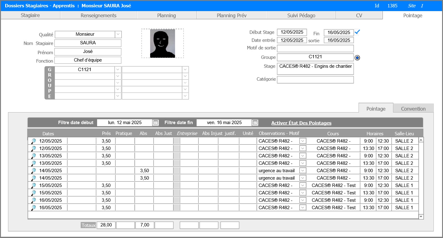 Stagiaire-Onglet Pointage