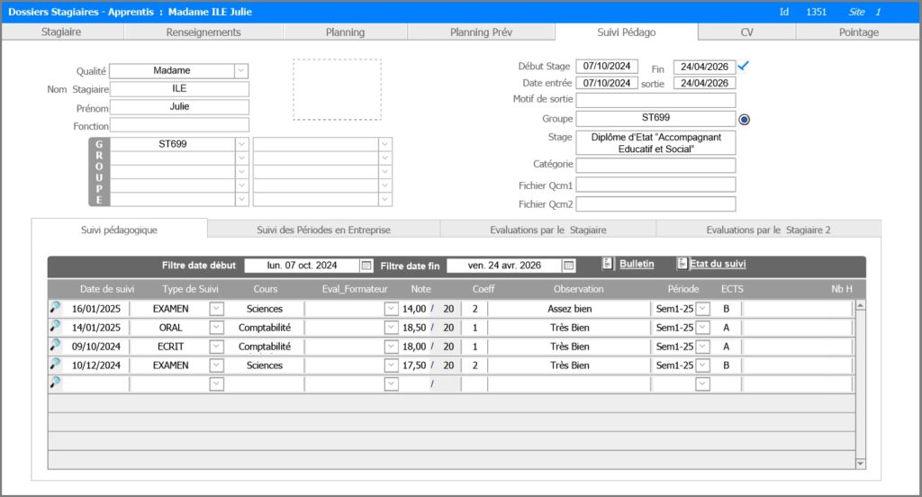 Stagiaire-Onglet Suivi Pedago