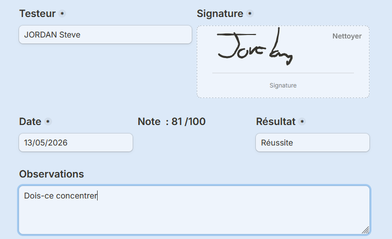 Evaluation CACES signature testeur et résultat du stagiaire